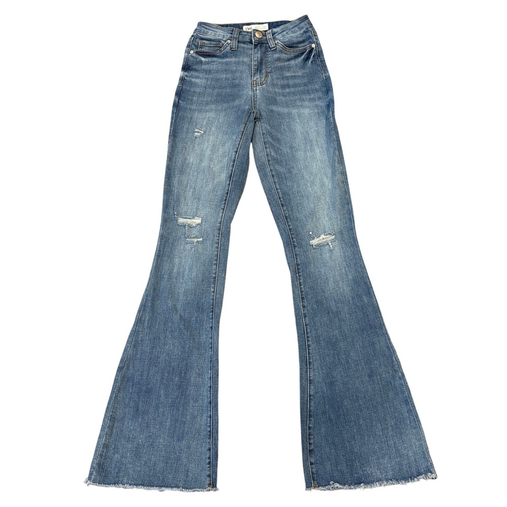 YMI Flare Jeans Womens 0/24 Blue High Rise Distressed Raw Hem Denim